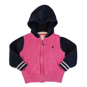 Ralph Lauren Baby Hoodie in Pink and Navy Knitted Zip-Up Jacket 12M‎
